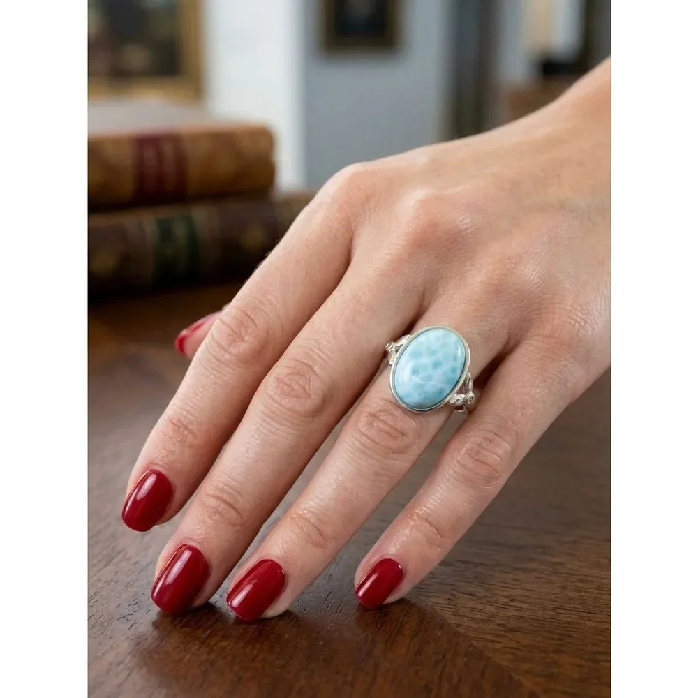 Natural Blue Larimar Oval Adjustable Sterling Silver Ring Water Pattern New